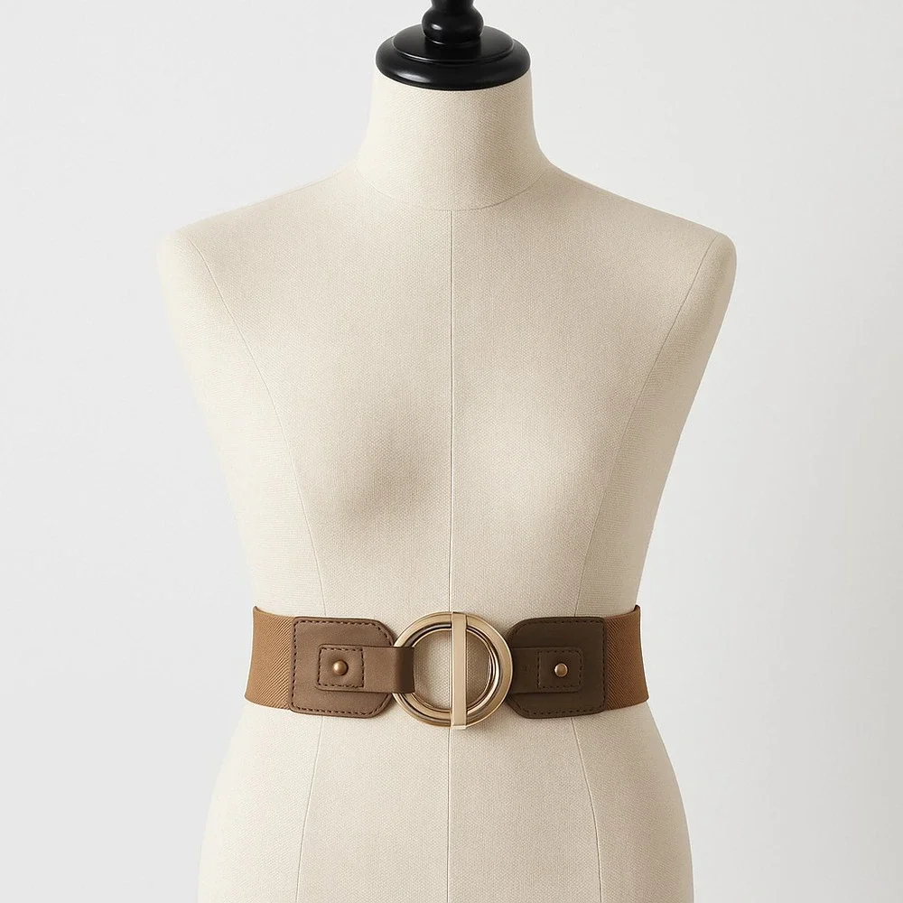 Slinky Belt Knit Brown Cinch Wide Elastic‎ Bronze Metallic Buckle Glam One Size